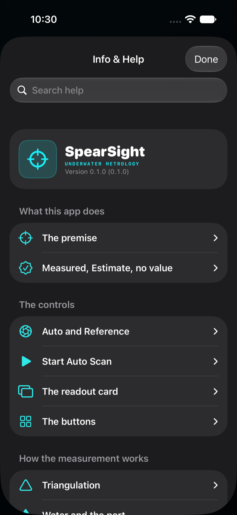 The SpearSight Info and Help screen, listing searchable topics about the app.